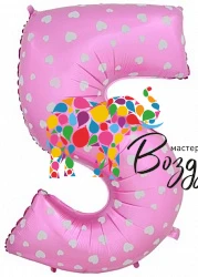 Воздушный к шар (40/102 см) цифра, 5, розовый с сердцами, 1 шт