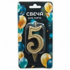 Воздушный свеча цифра, 5 грация, золото, с блестками, 7 см, 1 шт