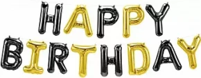Воздушный шар (16/41 см) мини надпись happy birthday, черный/золото, в упак, 1 шт