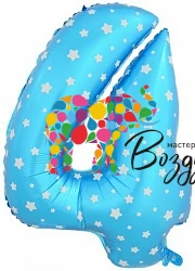 Воздушный шар (40/102 см) цифра, 4, синий со звёздами, 1 шт
