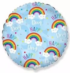 Воздушный шар (18/46 см) круг, happy day (радуга в облаках), голубой, 1 шт