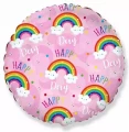 Воздушный шар (18/46 см) круг, happy day (радуга в облаках), розовый, 1 шт