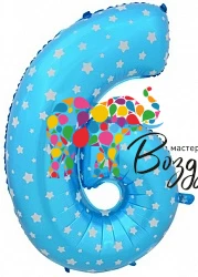 Воздушный шар (40/102 см) цифра, 6 , синий со звёздами, 1 шт