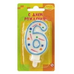 Воздушный свеча цифра 6 голубое конфетти, 1 шт